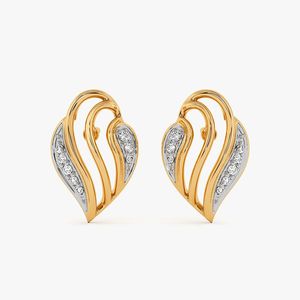 Boucles d'oreilles clous en or jaune avec diamants de laboratoire superposés en forme de feuille tourbillonnante - Product Image 2