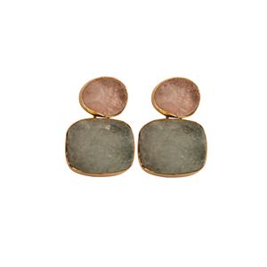 Elegante hecho a mano aguamarina cuarzo rosa doble piedra natal Stud pendientes para mujer chapado en oro Collet ajuste colgantes estilo de moda - Product Image 1