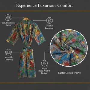 Robe kimono en coton faite à la main pour femme, col en V, manches longues, vêtement de nuit long, robe de nuit avec passepoil contrastant, 2 poches sur le devant - Product Image 4