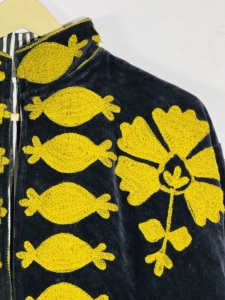Black Velvet <b>Mandarin</b> <b>Collar</b> <b>Jacket</b> With Yellow Floral Embroidery Vintage Style Zipper Closure Unisex Winter Coat - Product Image 4