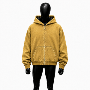 Sweat à capuche zippé délavé or, style vintage, coupe oversize streetwear, effet délavé à l'acide, fermeture éclair intégrale, coupe décontractée, unisexe, grammage lourd - Product Image 1