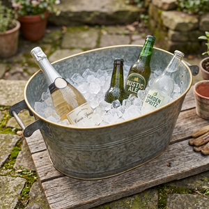 Antique Galvanized Zinc Oval Beverage Tub With Vintage Cast Handles Gold Rim Trim Rustic Garden Party For Wine Drinks - Product Image 5