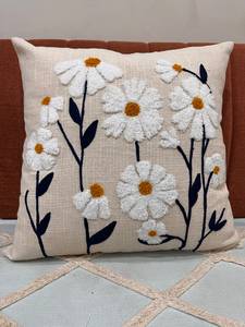 Embroidery Square Cotton Bohemian Home Decorative <b>Cushion</b> <b>Cover</b> with Daisy Floral Meadow and Dark Stem Motifs Anti-Dust Mite - Product Image 4