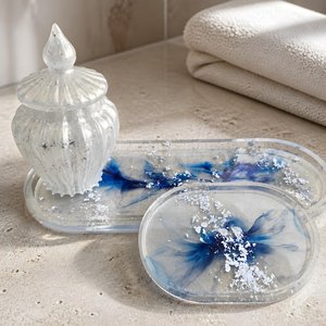 Handmade Resin <b>Vanity</b> <b>Tray</b> Set with Jar | Frosted Blue Floral Decor Organizer - Product Image 6