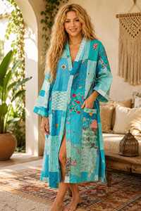 Patchwork Kantha Vintage Boho Khambadiya Kimono <b>Jacket</b> Handmade Floral Pattern 100% Cotton Long Sleeves Drawstring Closure - Product Image 1