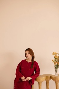 Salwar Kameez en coton bordeaux pour femme, coupe ample, longueur standard, design moderne, tenue ethnique style Inde Pakistan, décontracté, pour fêtes, infroissable - Product Image 5
