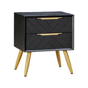 Mesa de Noche Moderna de Madera de la Colección GALAXY con 2 Cajones, Negra, con Tiradores Dorados y Patas Cónicas - Product Image 1