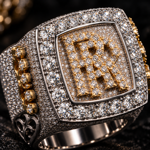 Bague Initiale R en Moissanite Ronde VVS Certifiée GRA, Sertie de Pierres, en Argent Sterling 925 Bicolore avec Cadre Carré, Style Hip Hop, Bijoux pour Hommes - Product Image 2