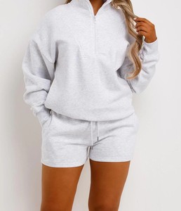 Women's Gray 2-Piece <b>Knitted</b> Shorts <b>Set</b> Full Sleeve Stand Collar Loose Fit Casual Solid Color Breathable Cotton Knee Button - Product Image 2
