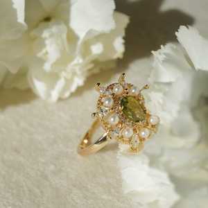 Peridot Green Zircon <b>Ring</b> With Small Pearls <b>Adjustable</b> 925 Sterling <b>Silver</b> 14K Gold Plated Elegant Gift For Her - Product Image 1