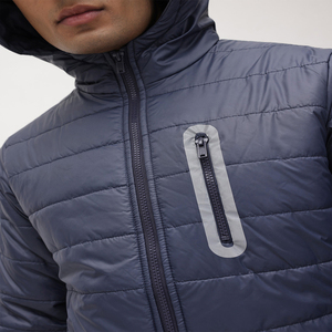 Men's Hooded Puffer <b>Jacket</b> Winter <b>Lightweight</b> Warm Casual Zipper Closure Solid Color Polyester Outerwear - Product Image 3