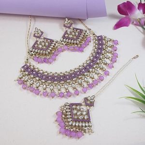 Parure Collier et Boucles d'Oreilles en Alliage Plaqué Or Antique avec Zircon Violet et Perles – Bijoux de Mariage Vintage pour Femme - Product Image 3
