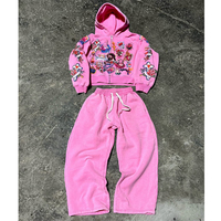 Survêtement à capuche à manches longues avec broderie de personnage, style streetwear, respirant, coupe régulière, pour l'automne, avec pantalon à cordon de serrage