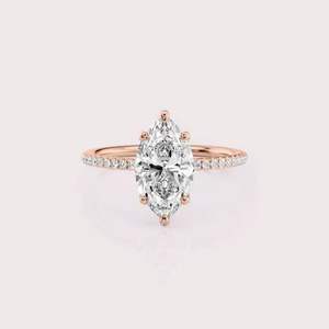 Bague de fiançailles solitaire en diamant de laboratoire taille marquise avec bande pavée en or blanc/jaune/rose 14 carats - Product Image 6