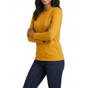T-shirt décontracté pour femme, col rond, manches courtes, tricoté, coupe classique, respirant, écologique, séchage rapide, jaune moutarde, 100% coton - Product Image 2
