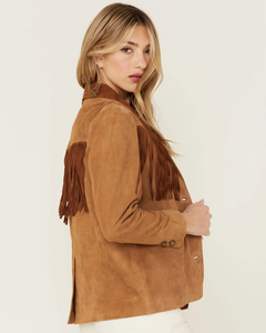 Tan <b>Suede</b> Leather Blazer Women Fringe Yoke Genuine <b>Suede</b> Western <b>Jacket</b> Notch Lapel Button Front Tailored Cowgirl Coat - Product Image 5