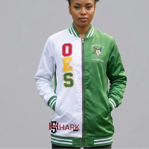 Vestes OES Embroidery Letters Color Block en satin de soie, col et bas en maille côtelée flexible, poches surpiquées, Order Of The Eastern Star. - Product Image 1