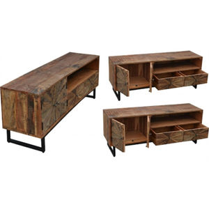 Meuble TV en bois massif recyclé fait main, réglable, unique, rayé, moderne, bas, multi-rangements, style ferme, pour la maison - Product Image 5