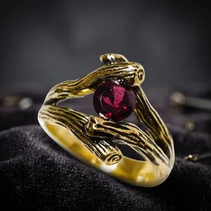 Bohemian Gold Plated Red <b>Garnet</b> <b>Ring</b> Plant Branch Design Bezel Setting Unisex Everyday Wear Gemstone <b>Ring</b> - Product Image 5