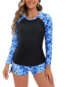 <b>Women's</b> Long Sleeve Rash Guard Set Half Print Two-Piece Swimwear with <b>Shorts</b> <b>Surf</b> Suit Made Pakistan Rash Guard - Product Image 1