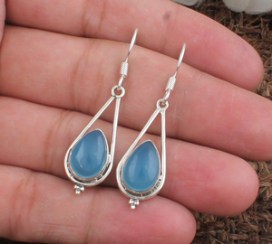 Wholesale Vintage Natural Blue Chalcedony 925 <b>Sterling</b> <b>Silver</b> Gold Plated Drop Earrings High Quality Anniversary Gift Party - Product Image 1