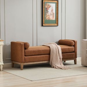 Elegant 66.34\" Upholstered BenchDaybed in Oak with Wood Legs 2 Bolster Pillows <b>End</b> <b>Bed</b> Bedroom Living Room Furniture" - Product Image 2