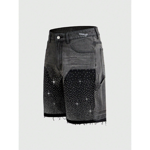 Shorts en jean pour homme ornés de strass et de cristaux, coupe décontractée, style streetwear, longueur genou, pour l'été - Product Image 3
