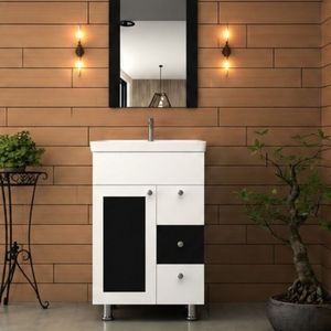 Meuble de salle de bain moderne SOON avec miroir, vasque en céramique, finition PVC blanc, sur pied, 514 mm x 420 mm x 860 mm - Product Image 1