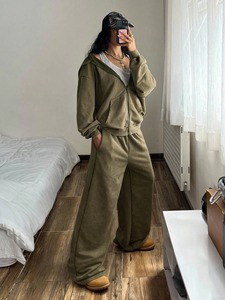 Ensemble de jogging pour femme, coupe ample, coton et polyester, sweat à capuche zippé, respirant, extensible, vêtements de sport, ensemble d'entraînement - Product Image 5