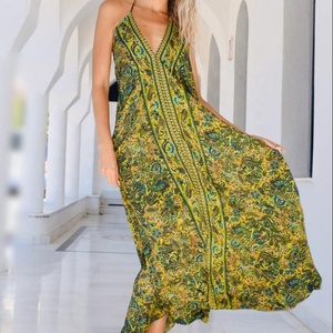 Vestido de Verano 100% Algodón con Estampado Floral, Corte en A, Cuello en V, Largo Midi, Espalda Descubierta, Talla Única, Tirantes Ajustables - Product Image 1