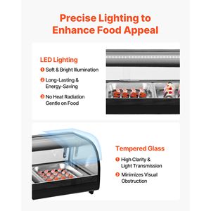 Vetrina Refrigerata Commerciale per Sushi con Illuminazione LED e Vetro Curvo da 2,9 Piedi Cubi, Espositore da Banco a 5 Vasche - Product Image 3