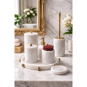 White Marble Bathroom Set 6-Piece Round Minimalist Soap Dispenser <b>Toothbrush</b> <b>Holder</b> Tray Easy To Clean - Product Image 4