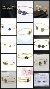 Double Oval Labradorite Gold Bangle | Blue Flash Gemstone Open <b>Cuff</b> | Gold Plated Vintage Style IGI Certified Wholesale Jewelry - Product Image 4