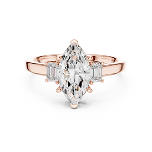 Anillo de Moissanita con Corte Marquesa y Piedras Laterales Baguette - Plata Chapada en Oro Rosa de 14K, Joyería de Compromiso de Tres Piedras para Mujer - Product Image 1