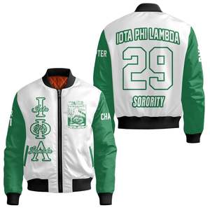 Iota Phi Lambda Women Custom Chapter Varsity Jacket White Emerald Green Greek Letter Crest Front <b>Back</b> Year Zip Bomber Jacket - Product Image 3