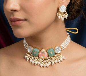 Parure de bijoux vintage en laiton avec perles d'imitation, collier pendentif à pompon en zircon et boucles d'oreilles assorties, style ethnique pour femme, cadeau de mariage ou de fête - Product Image 3
