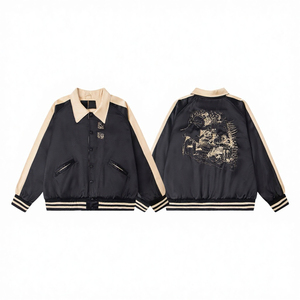 เสื้อแจ็คเก็ตเลตเตอร์แมนผู้ชาย สีดำเบจ ปักโลโก้ด้านหน้า สไตล์ลำลอง สำหรับฤดูหนาว คอตั้ง ทรงปกติ ผ้าขนสัตว์/โพลีเอสเตอร์ กันลม ผ้าแคนวาส - Product Image 2