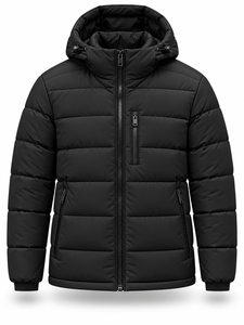 Veste matelassée à capuche noire pour homme, imperméable, coupe-vent, fermeture éclair, logo sur le devant, rembourrage en polyester, manteau décontracté d'hiver - Product Image 1