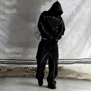 Customized Unisex Cotton Fleece Hooded Tracksuit Set Windproof Zipper <b>Jacket</b> Contrast Piping Loose Fit Streetwear - Product Image 6