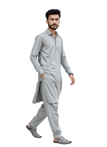 <b>Men</b> Cotton <b>Kurta</b> Pajama Set Gray Ankle-Length Regular Fit Traditional Casual Wear India Pakistan Style - Product Image 4