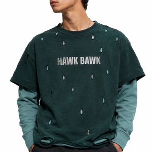<b>Men</b> Premium Distressed <b>T</b> <b>Shirt</b> Layered Oversized Vintage Streetwear Style Crew Neck Relaxed Fit <b>Long</b> Sleeve Double Layer <b>Shirt</b> - Product Image 1