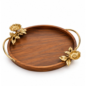 Bandeja de Madera Artesanal con Hojas de Ginkgo y Asas de Latón Dorado, Plato Decorativo de Madera para Servir, Ideal para Mesa de Centro y Regalos de Boda - Product Image 4