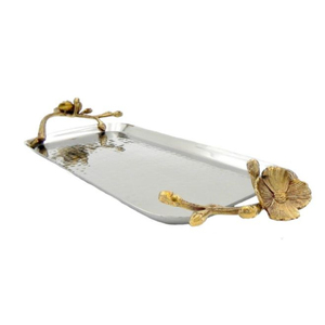 Wholesale <b>Silver</b> Metal Serving <b>Tray</b> With Gold Floral Design Handle Table Centerpiece Food Serving <b>Tray</b> & Platter For Kitchen Use - Product Image 1