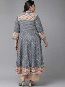 Kurti Anarkali en coton grande taille pour femme, avec motif gris imprimé Ikat, col mandarin et manches trois quarts - Product Image 4
