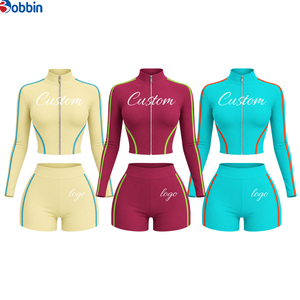 Ensemble de sport 2 pièces pour femme Hip Hop, haut à manches longues avec fermeture éclair et short taille haute, imprimé logo personnalisé, coupe sportive, printemps-été - Product Image 3