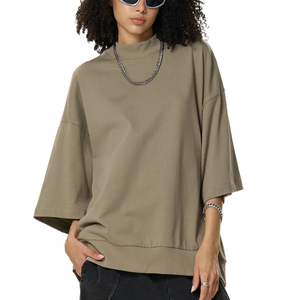 Mock Neck <b>T</b> <b>Shirt</b> Oversized Boxy Thick <b>Collar</b> Loose Fit Jersey Women Streetwear Plain Ribbed Hem Short Sleeve Acid Wash Silk - Product Image 1