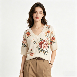Suéter de Punto con Cuello en V y Estampado Floral para Mujer, Top Informal de Media Manga, Bordado de Algodón Suave, Ropa de Primavera - Product Image 5