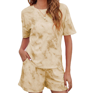 Women's <b>Tie</b> <b>Dye</b> Short Sleeve Loose Fit 2 Piece <b>Set</b> O Neck Cotton Knitted Casual Summer Shorts Outfit With Pocket - Product Image 3