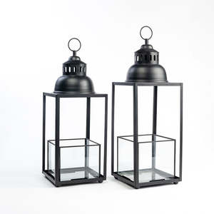 <b>Black</b> Metal <b>Lanterns</b> With Glass Panels For Home Decoration Durable Iron Candle Holders Modern Design Indoor Outdoor Use - Product Image 2