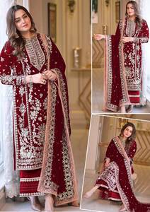 Women's Maroon Silk Salwar Kameez With <b>Gold</b> Embroidery Floor-Length Traditional Wedding Dress Ready-Made Party Wear - Product Image 5